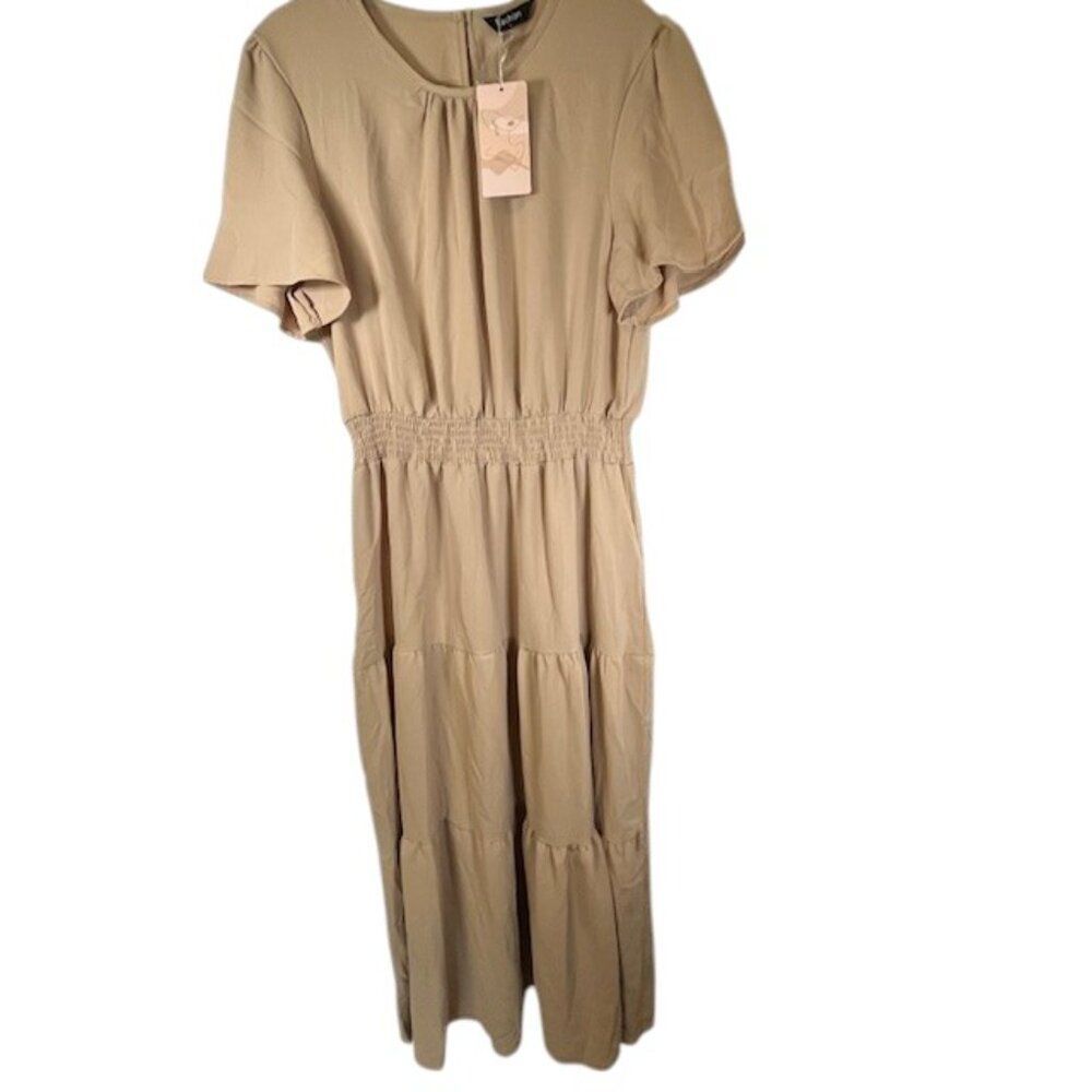 Fashion Brand New with Tags Khaki Tan Smocked Waist Tiered Dress- Size L